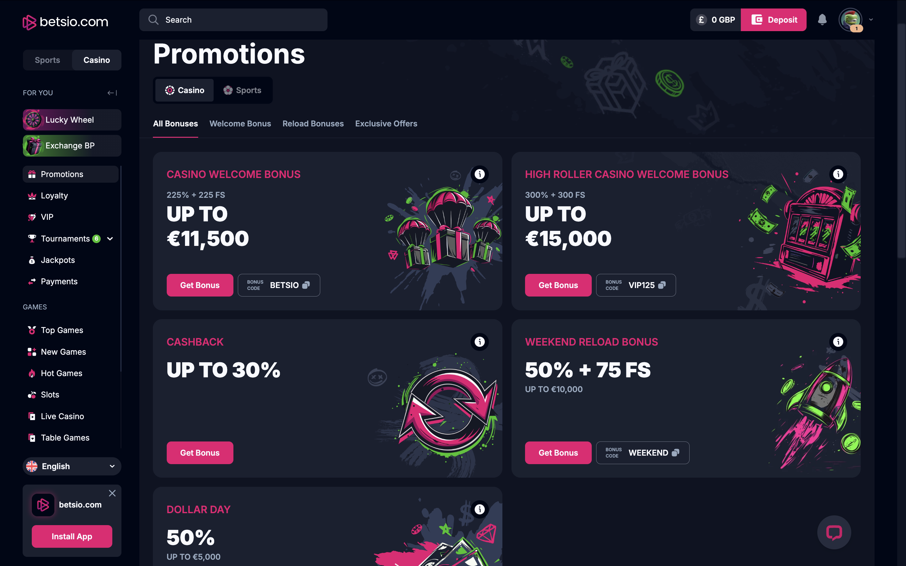 Betsio.com Casino Bonuses and Promotions Banner